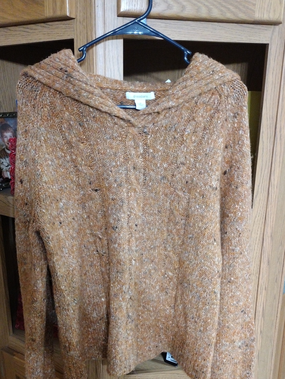 dressbarn Speckled Cable-Knit Hooded Sweater in Rust Brown